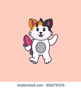 Cute cat holding a skateboard. Animal cartoon concept isolated. Can used for t-shirt, greeting card, invitation card or mascot.