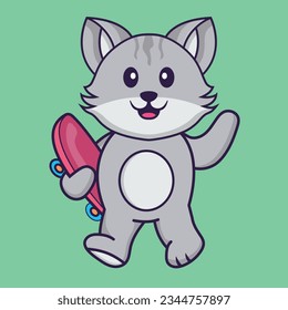 Cute cat holding a skateboard. Animal cartoon concept isolated. Can used for t-shirt, greeting card, invitation card or mascot
