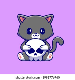 Cute Cat Holding Skull Bone Cartoon Vector Icon Illustration. Animal Halloween Icon Concept Isolated Premium Vector. Flat Cartoon Style