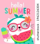 Cute cat holding a sliced watermelon and popsicle illustration for summer holidays concept.