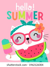 Cute cat holding a sliced watermelon and popsicle illustration for summer holidays concept.