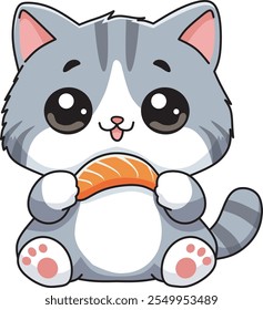 Cute Cat Holding Sushi meat isolated with white background