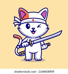 Cute Cat Holding Schwert Katana Cartoon Vektorsymbol Illustration. Tiernatur-Symbol Konzept isolierter Premium-Vektorgrafik. Flachbildkartonstil