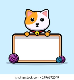 Cute cat holding white blank text board cartoon mascot