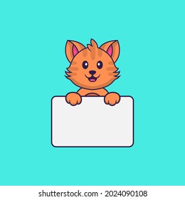 Cute cat holding whiteboard. Animal cartoon concept isolated. Can used for t-shirt, greeting card, invitation card or mascot.