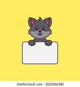 Cute cat holding whiteboard. Animal cartoon concept isolated. Can used for t-shirt, greeting card, invitation card or mascot.