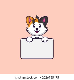Cute cat holding whiteboard. Animal cartoon concept isolated. Can used for t-shirt, greeting card, invitation card or mascot.