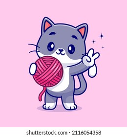 Cute Cat Holding Yarn Ball Cartoon Vector Icon Illustration. Animal Nature Icon Concept Isolated Premium Vector. Flat Cartoon Style