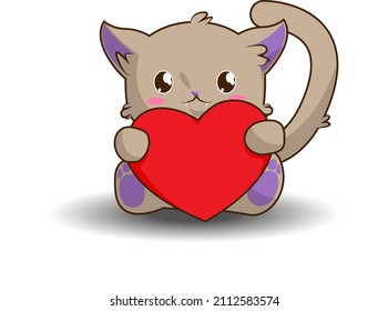 A cute cat holds a big red heart in his hands and looks at the love of his life. Bright print on a T-shirt