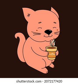 A cute cat holds a cup of hot coffee in his hands and breathes in a fresh tasty aroma.