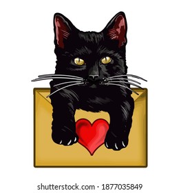Cute cat holds  envelope. Vector illustration Isolated on white background.