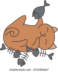 A cute cat holds a fish in its mouth. Vector illustration. A cute hungry cat or kitten is thinking about fish. Cartoon character, animal collection. Fish bone, the skeleton of a fish bone in a bubble 