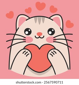 Cute cat holds heart in paws. Valentines day concept