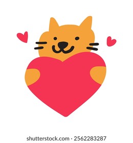 A cute cat holds a heart. Valentine's Day design. Vector hand drawn illustration.