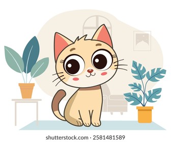 Cute cat at home cartoon style illustration. Cartoon character kitty Graphic elements for kids