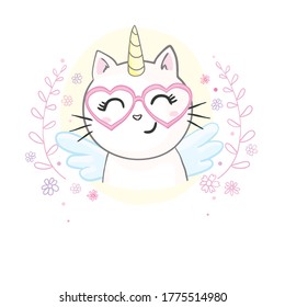 Cute cat with a horn unicorn. It can be used for sticker, patch, phone case, poster, t-shirt.