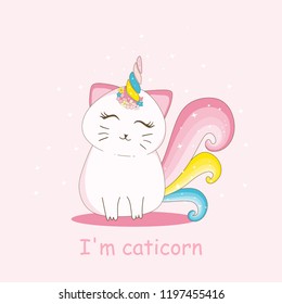 Cute Cat With Horn Unicorn, Flower Crown And Rainbow Tail