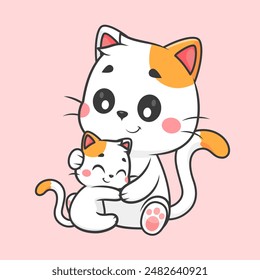 Cute Cat Hug Baby Cat Cartoon Vector Icon Illustration. Animal Nature Icon Concept Isolated Premium Vector. Flat Cartoon Style