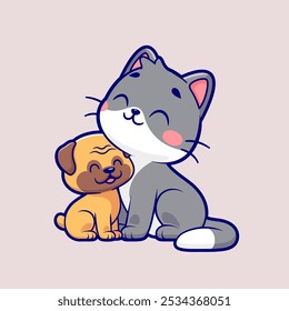 Cute Cat Hug Baby Pug Dog Cartoon Vector Icon Illustration. 
Animal Nature Icon Concept Isolated Premium Vector. Flat 
Cartoon Style