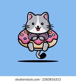 Cute cat hug big doughnut cartoon