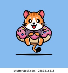 Cute cat hug big doughnut cartoon