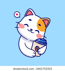 Cute Cat Hug Coffee Cartoon Vector Icon Illustration. Animal Drink Icon Concept Isolated Premium Vector. Flat Cartoon Style