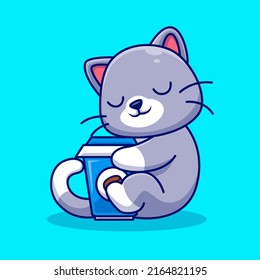 Cute Cat Hug Coffee Cup Cartoon Vector Icon Illustration. Animal Food Icon Concept Isolated Premium Vector. Flat Cartoon  Style