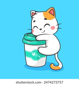 Cute Cat Hug Coffee Cup Cartoon Vector Icon Illustration. Animal Drink Icon Concept Isolated Premium Vector. Flat Cartoon Style