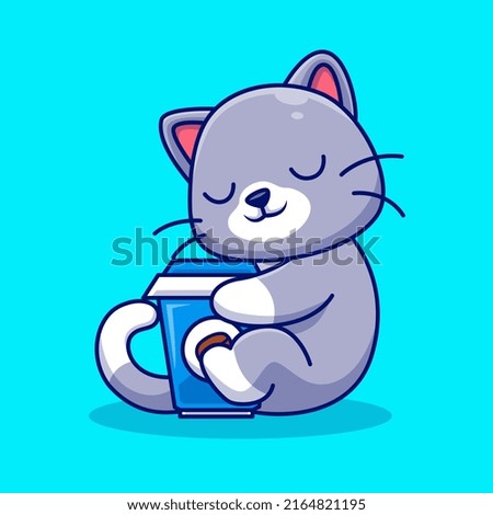 Cute Cat Hug Coffee Cup Cartoon Vector Icon Illustration. Animal Food Icon Concept Isolated Premium Vector. Flat Cartoon  Style
