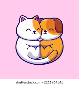 Cute Cat Hug Dog Couple Cartoon Vector Icon Illustration. Animal Nature Icon Concept Isolated Premium Vector. Flat Cartoon Style