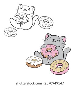 Cute cat hug donut cartoon. Adorable cartoon cat holding a delicious-looking donut. Colored and colorless black and white illustration