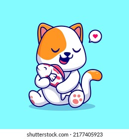 Cute Cat Hug Fish Cartoon Vector Icon Illustration. Animal Nature Icon Concept Isolated Premium Vector. Flat Cartoon Style