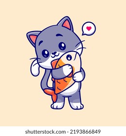 Cute Cat Hug Fish Cartoon Vector Icon Illustration. Animal Nature Icon Concept Isolated Premium Vector. Flat Cartoon Style