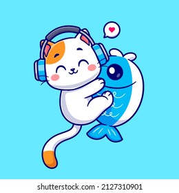 Cute Cat Hug Fish With Headphone Cartoon Vector Icon Illustration. Animal Technology Icon Concept Isolated Premium Vector. Flat Cartoon Style