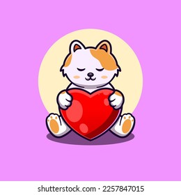Cute cat hug heart. Vector illustration of cute cartoon animal cartoon.