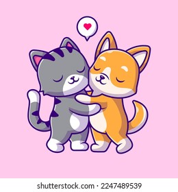 Un gato lindo abraza a Shiba Inu Perro Caricatura Ilustración del Vector. Vector Premium Aislado De Concepto De Icono De Amor Animal. Estilo de dibujo plano