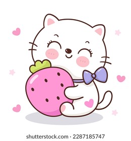 Cute cat hug strawberry dessert for café logo, bakery shop. Series: Kawaii animals kitten isolated on white background (Character cartoon) Holiday activities, happy birthday. Perfect make a wish.