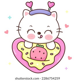 El gato dulce abraza el corazón dulce del postre para el logo del café. Serie: Animales Kawaii gatitos aislados de fondo blanco (caricatura de caracteres) Actividades de vacaciones, feliz cumpleaños. Perfecto haga un deseo para el bebé.