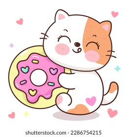 Cute cat hug yummy donut dessert for café logo. Series: Kawaii animals kitten isolated on white background (Character cartoon) Holiday activities, happy birthday. Perfect make a wish for baby t shirt.