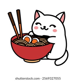 Cute Cat Hugging a Bowl of Ramen Illustration	