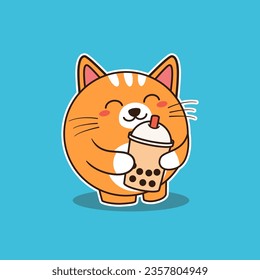 Cute Cat Hugging Bubble Tea Vector Illustration