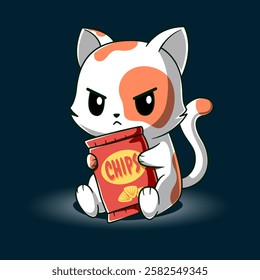 Cute Cat Hugging Chips Cartoon Vector Icon Illustration Animal Food Icon Isolated Flat Vector