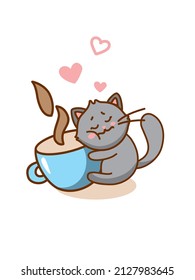 Cute cat hugging coffee mug. Cute sticker with cat. Vector.