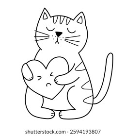 Cute cat hugging a heart black and white print. Funny feline character coloring page. I love you card in outline. Vector illustration