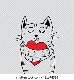 Cute cat hugging heart. Hand drawing illustration.
