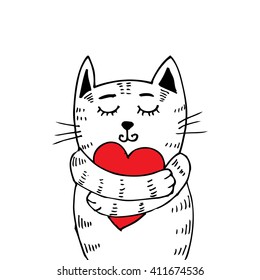 Cute cat hugging heart. Hand drawing illustration.
