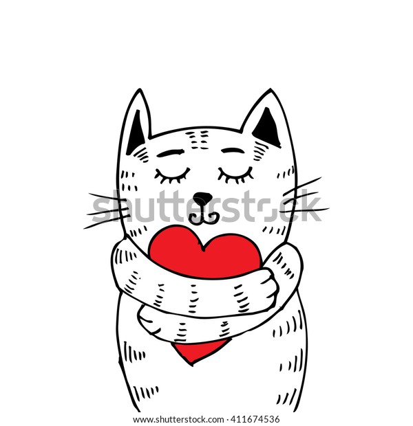 可愛い猫が心を抱く 手描きのイラスト のベクター画像素材 ロイヤリティフリー