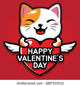 cute cat hugging a heart with happy valentine's day greetings