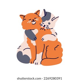 Cute cat hugging with paws, grooming, licking kitty friend. Two funny feline animals, love couple. Adorable affectionate pussycats. Flat graphic vector illustration isolated on white background