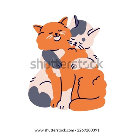 Cute cat hugging with paws, grooming, licking kitty friend. Two funny feline animals, love couple. Adorable affectionate pussycats. Flat graphic vector illustration isolated on white background